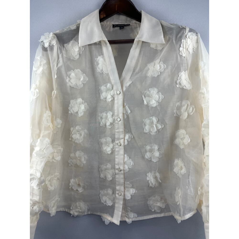 Women’s Adrianna Papell Cream Sheer Floral Appliqué Blouse Size L